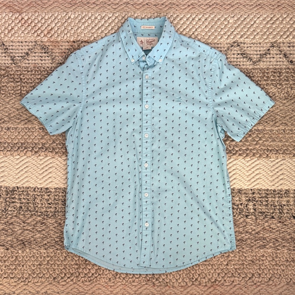Original Penguin Light Blue Turquoise Flamingo Pattern Short Sleeve Button Shirt
